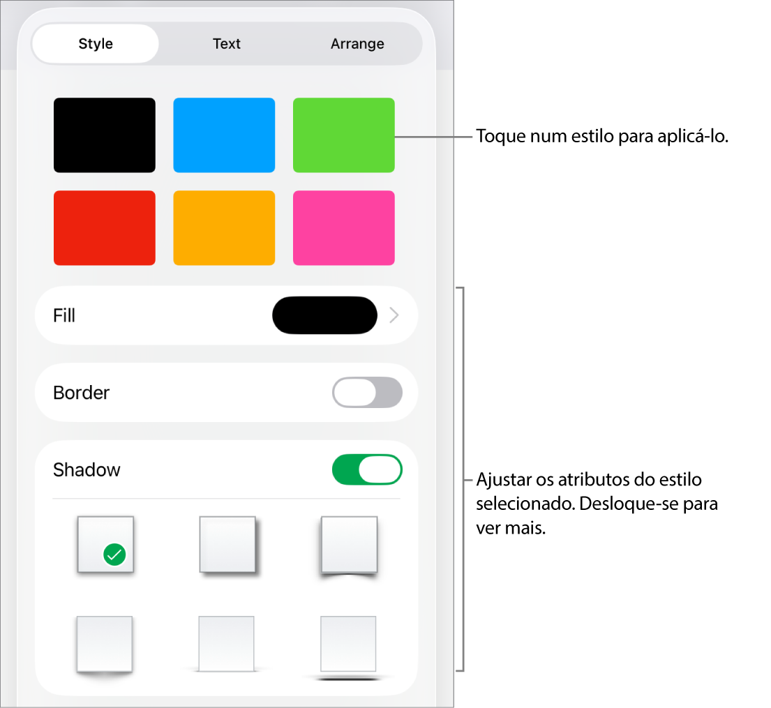 O separador "Estilo” do menu “Formatação” com estilos de objeto na parte superior e controlos por baixo para alterar o preenchimento, borda e sombra.