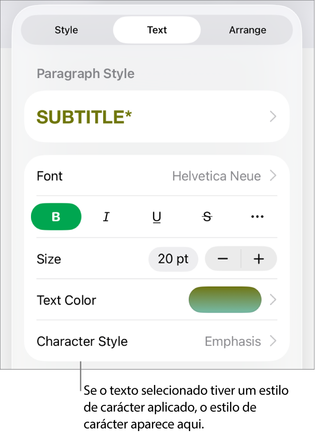 Os controlos de formatação de “Texto” com o “Estilo de carácter” por baixo dos controlos de cor. O estilo de carácter “Nenhum” aparece com um asterisco.