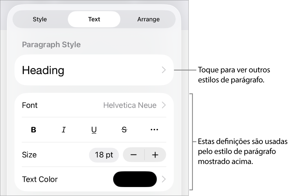 O menu "Formatação” a apresentar controlos de texto para definir estilos de parágrafo e carácter, tipo de letra, tamanho e cor.