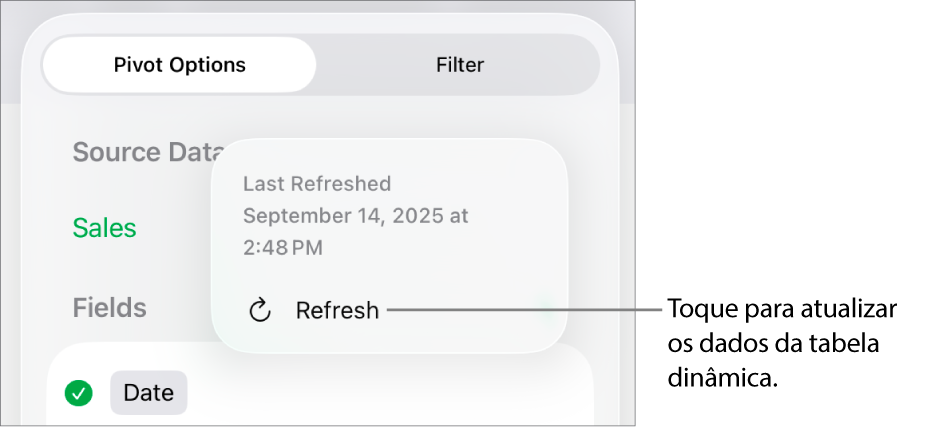 O menu "Opções dinâmicas” a mostrar a opção de atualizar a tabela dinâmica.
