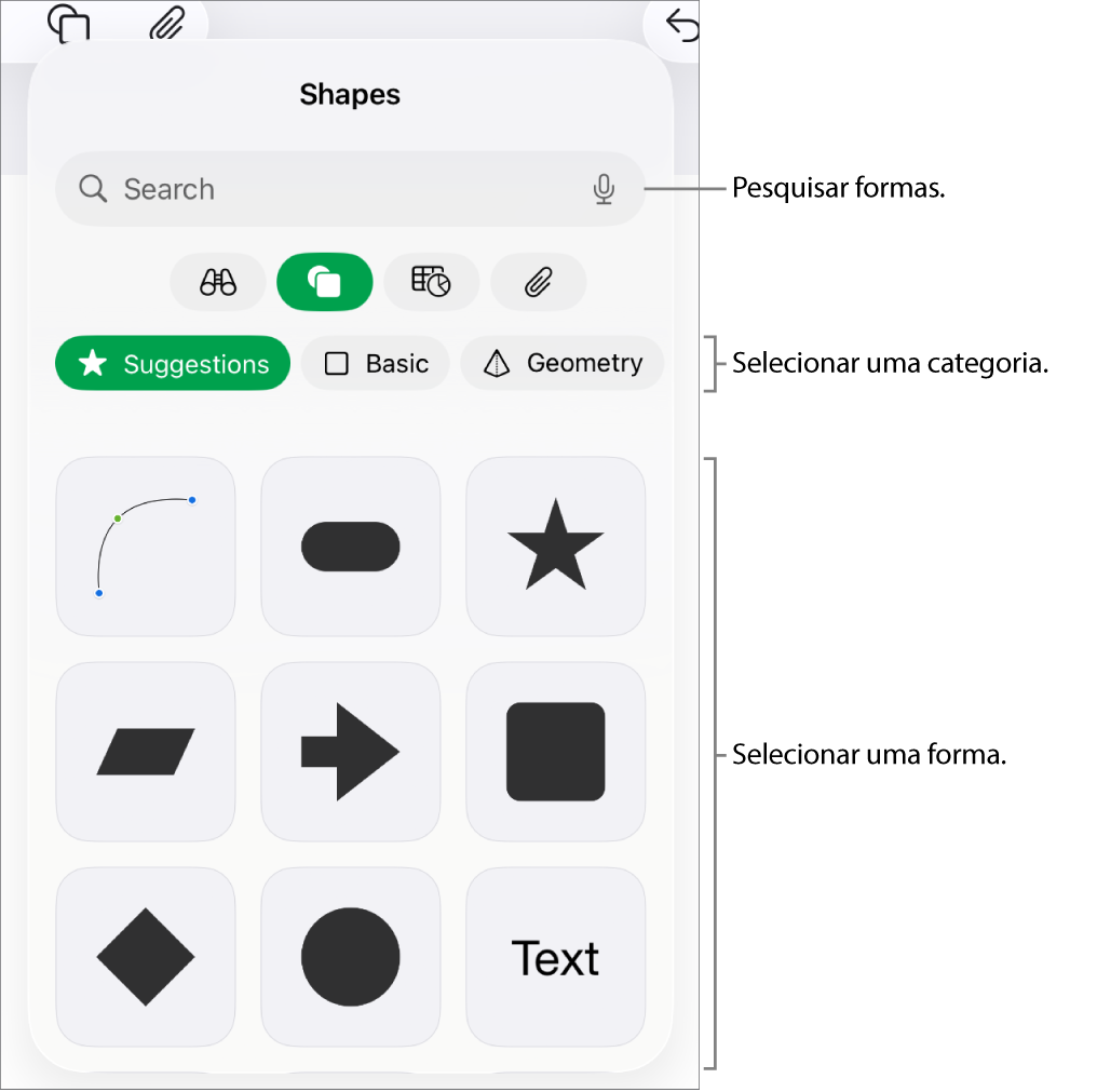 A biblioteca de formas, com as categorias exibidas na parte superior e as formas na parte inferior. É possível usar o campo de pesquisa na parte superior para encontrar formas e passar os dedos para ver mais.