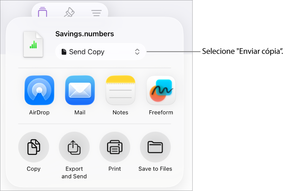 O menu “Partilhar” com “Enviar cópia” selecionada na parte superior.