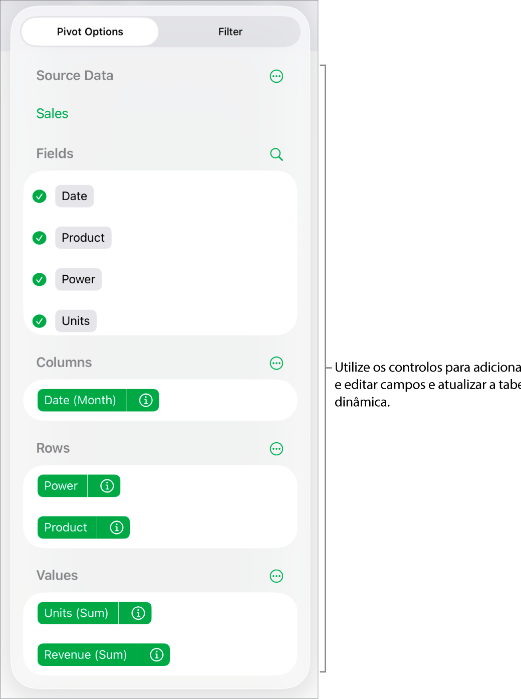 O menu "Opções dinâmicas” a mostrar campos nas secções “Colunas”, “Linhas” e “Valores”, bem como os controlos para editar os campos.