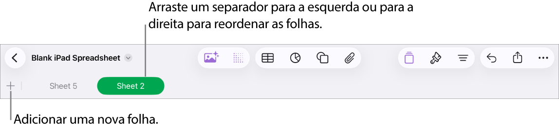 A barra de separadores para adicionar uma nova folha, navegar, reordenar e reorganizar folhas.