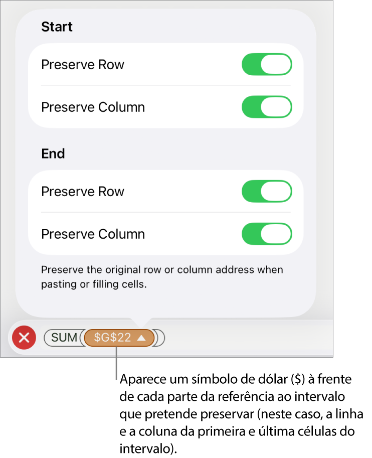 Os controlos para especificar se as referências de linha e coluna de uma célula devem ser preservadas se a célula for movida ou copiada. Aparece um símbolo de euro antes de cada parte da referência a um intervalo que pretende preservar.