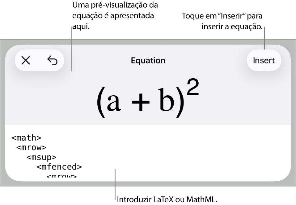 A caixa de diálogo “Equação”, apresentando uma equação escrita com recurso aos comandos MathML e uma pré-visualização da fórmula em cima.