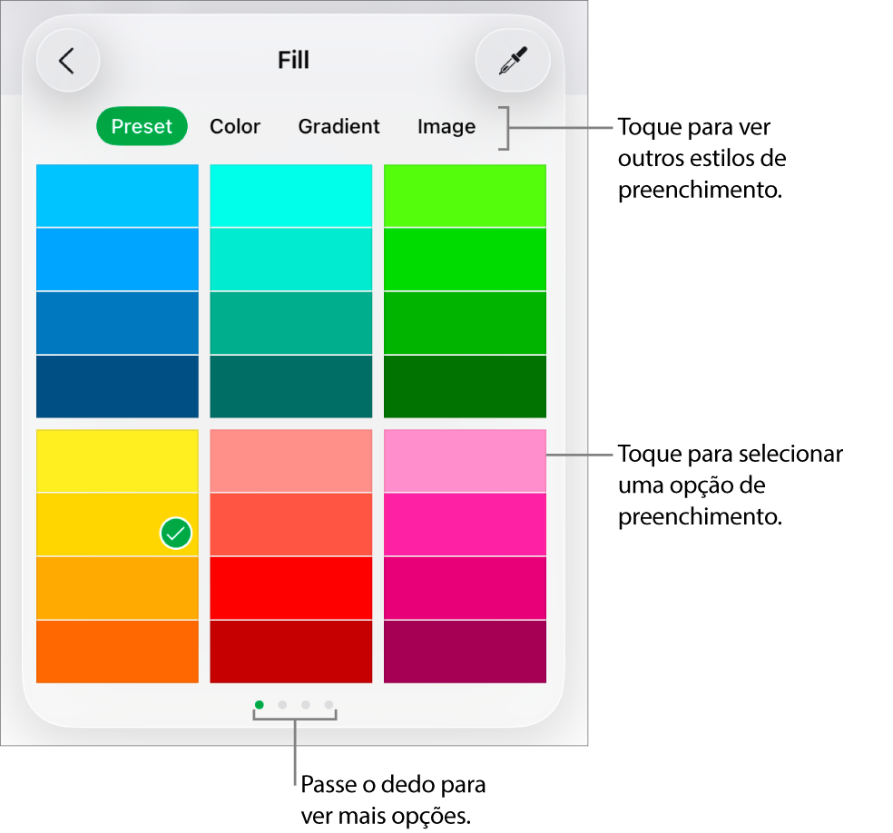 Opções de preenchimento no separador "Estilo” do botão “Formatação”.
