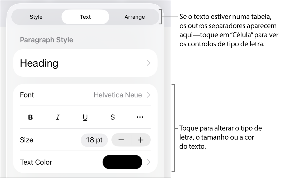 Controlos de texto no menu "Formatação” para definir estilos de parágrafo e carácter, tipo de letra, tamanho e cor.