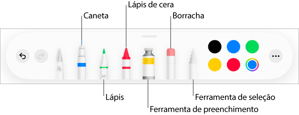 As barra de ferramentas de desenho com uma caneta, lápis, lápis de cera, ferramenta de preenchimento, borracha, ferramenta de seleção e o seletor de cores a apresentar a cor atual. Na extremidade direita encontra-se o botão de menu "Mais”.
