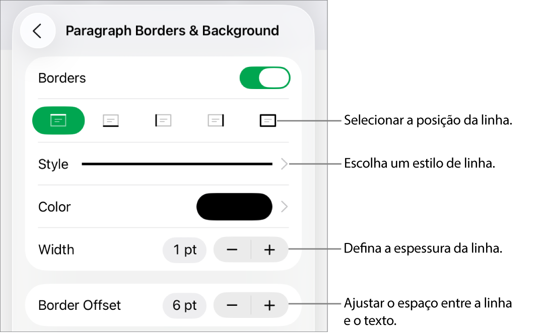 Controlos para alterar o estilo de linha, a espessura, a posição e a cor.
