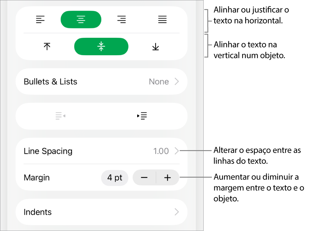 A secção “Disposição” do inspetor de formatação com referências aos botões de alinhamento e espaçamento de texto.