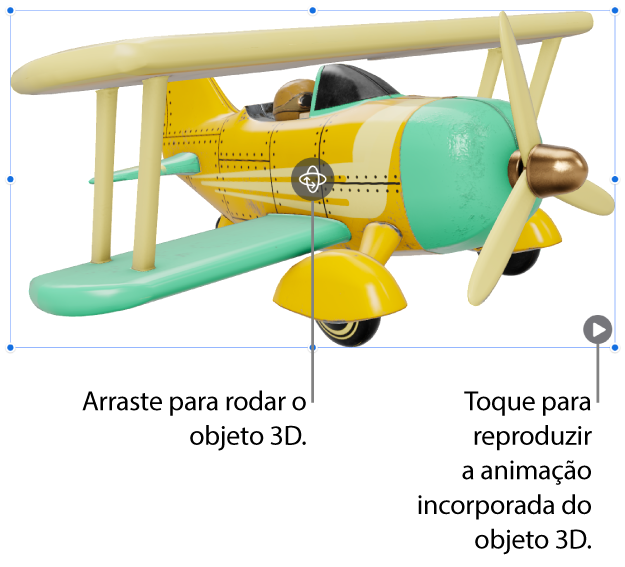 Um objeto 3D com o botão “Rodar” no meio do objeto e o botão “Reproduzir” no canto inferior direito.