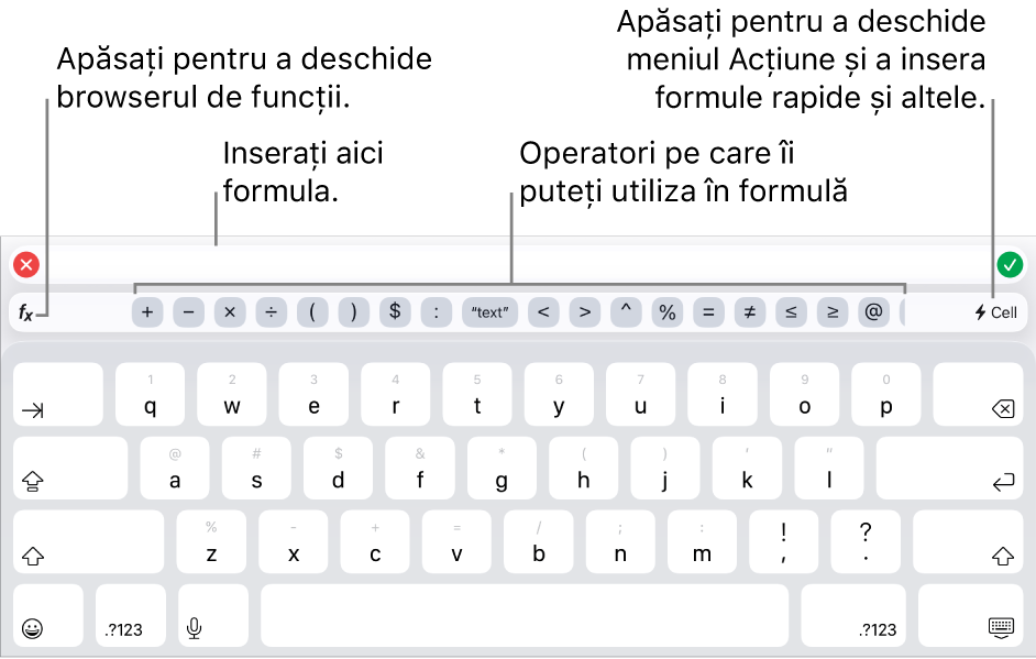 Tastatura pentru formule, cu editorul de formule în partea de sus și operatorii utilizați în formule sub acesta. Butonul Funcții pentru deschiderea browserului de funcții se află în stânga operatorilor, iar butonul pentru meniul Acțiune se află în dreapta.