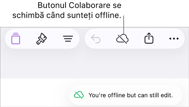 Butoanele din partea de sus a ecranului, cu butonul Colaborare transformat într-un nor traversat de o linie diagonală. Pe ecran apare o alertă „Sunteți offline, dar puteți edita în continuare”.