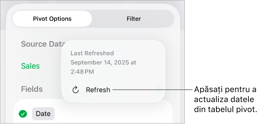 Meniul Opțiuni pivot afișând opțiunea de reîmprospătare a tabelului pivot.