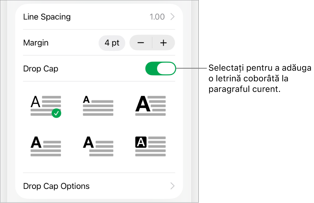 Comenzile Letrină coborâtă situate în meniul Text.