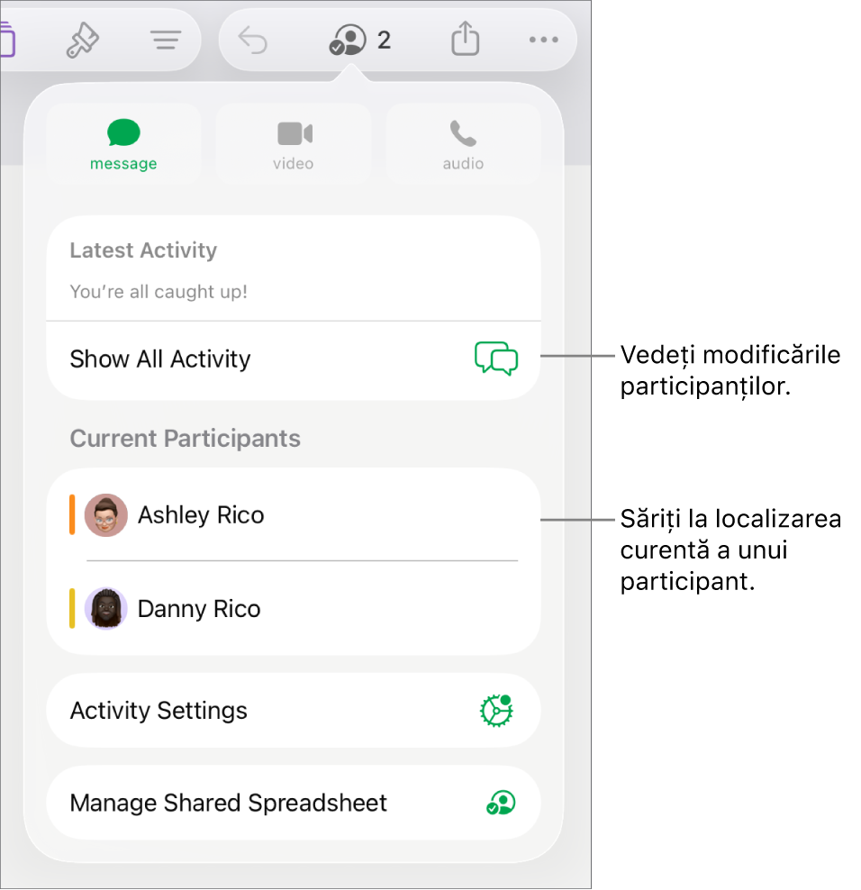 Meniul pentru colaborare cu participanții curenți listați.