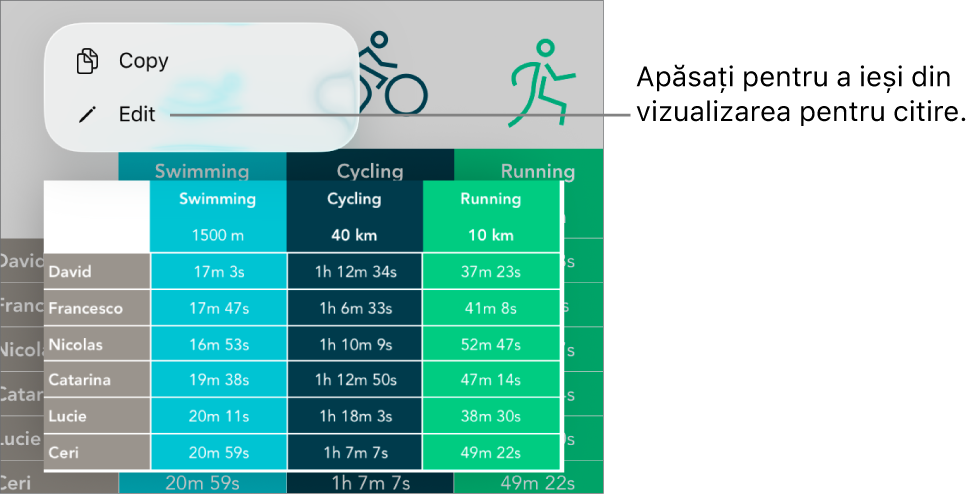 O celulă de tabel este selectată și deasupra acesteia se află un meniu cu butoanele Copiați și Editați.