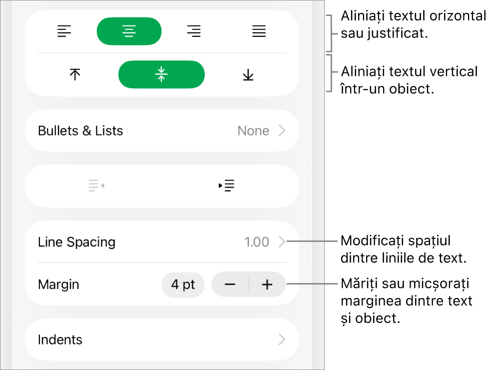 Secțiunea Aranjament a inspectorului Format cu explicații pentru butoanele de aliniere a textului și de spațiere.
