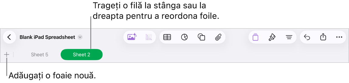 Bara de file pentru adăugarea unei foi noi, navigarea, reordonarea și reorganizarea foilor.