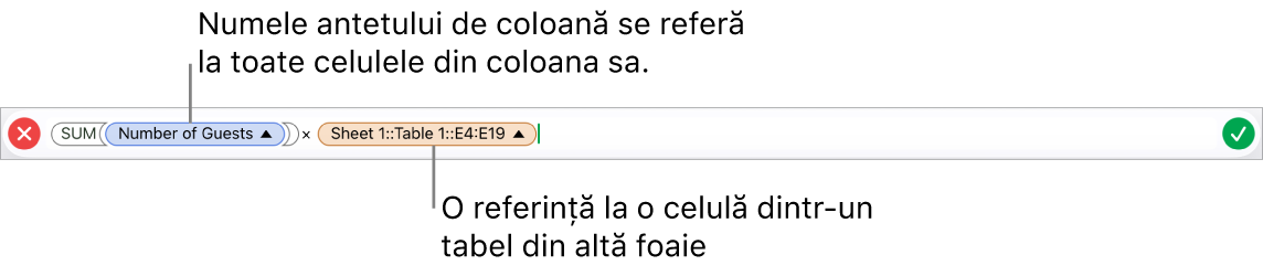 Editorul de formule afișând o formulă care se referă la o coloană dintr-un tabel și o celulă din alt tabel.