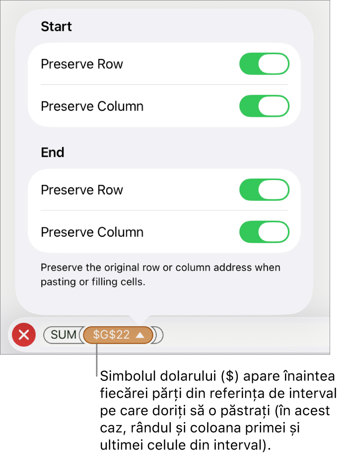Comenzile pentru specificarea referințelor de rând și de coloană ale unei celule care trebuie păstrate în cazul în care celula este copiată sau mutată. Un simbol pentru dolar apare înaintea fiecărei părți a referinței de interval pe care doriți să o păstrați.
