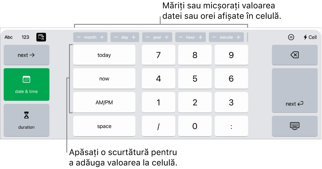 Tastatura dată și oră. Butoanele din partea de sus afișează unitățile de timp (lună, zi, an și oră) pe care le puteți incrementa pentru a schimba valoarea afișată în celulă. Pe stânga se află tastele pentru comutarea între tastatura pentru dată și oră și cea pentru durată, iar în centrul tastaturii sunt taste numerice.