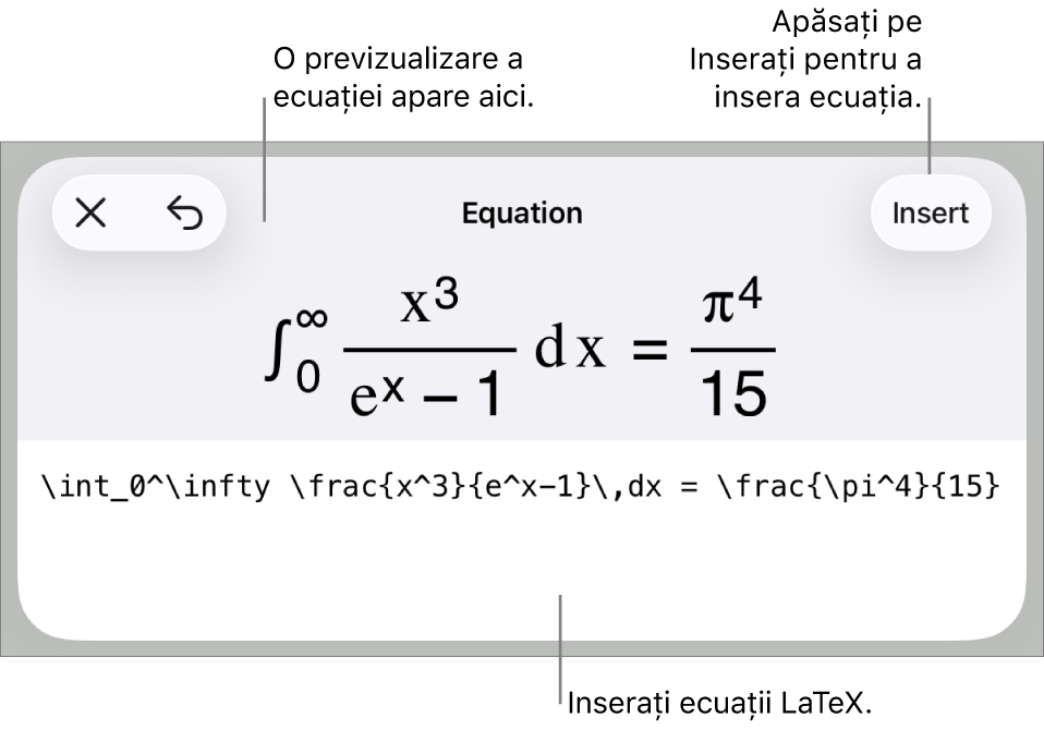 Caseta de dialog Ecuație, afișând o ecuație scrisă cu ajutorul comenzilor LaTex și, deasupra, o previzualizare a formulei.