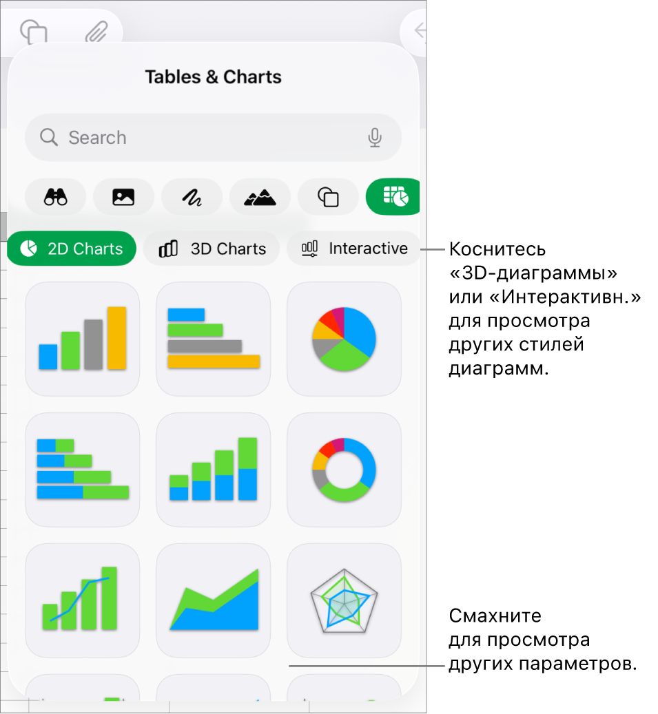 Меню «Диаграмма» с 2D‑диаграммами.