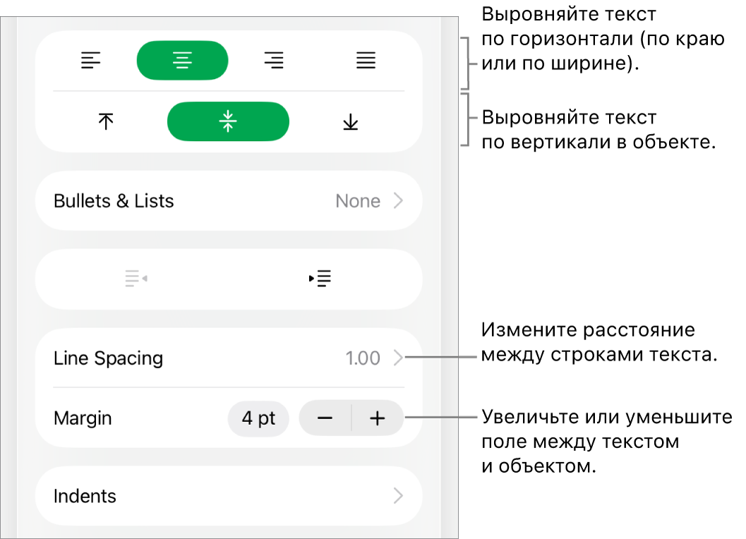 Раздел «Макет» инспектора «Формат» с выносками к кнопкам для выравнивания текста и установки интервалов.
