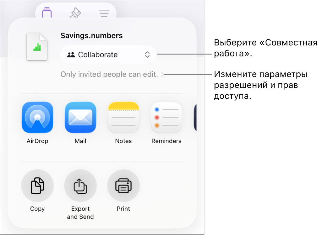 В верхней части экрана отображается меню «Поделиться». Выбран параметр «Совместная работа», под ним находятся настройки прав доступа.