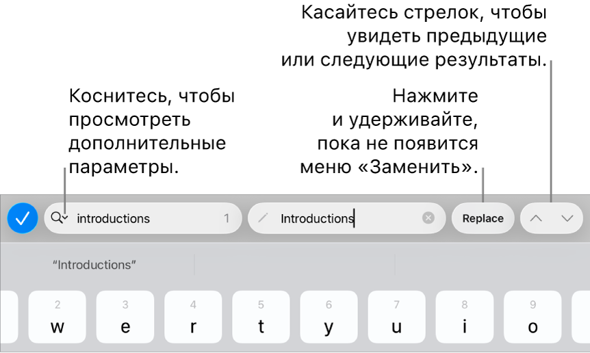 Элементы управления параметром «Найти и заменить» над клавиатурой. Выноски указывают на кнопки «Параметры поиска», «Заменить», «Перейти вверх» и «Перейти вниз».