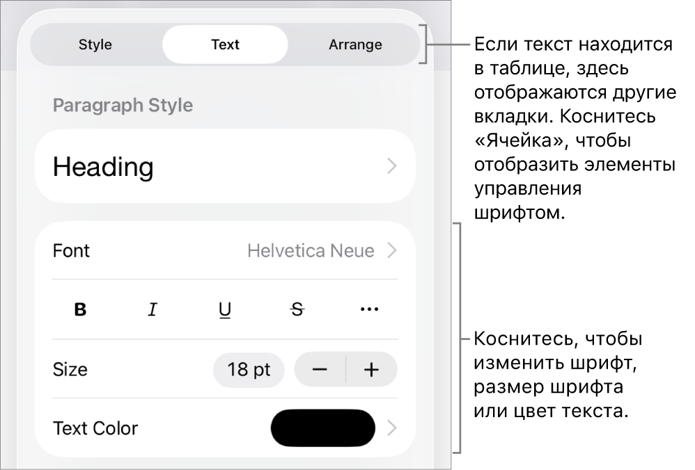 Элементы управления текстом в меню «Формат» для настройки стилей абзацев и символов, шрифта, размера и цвета.
