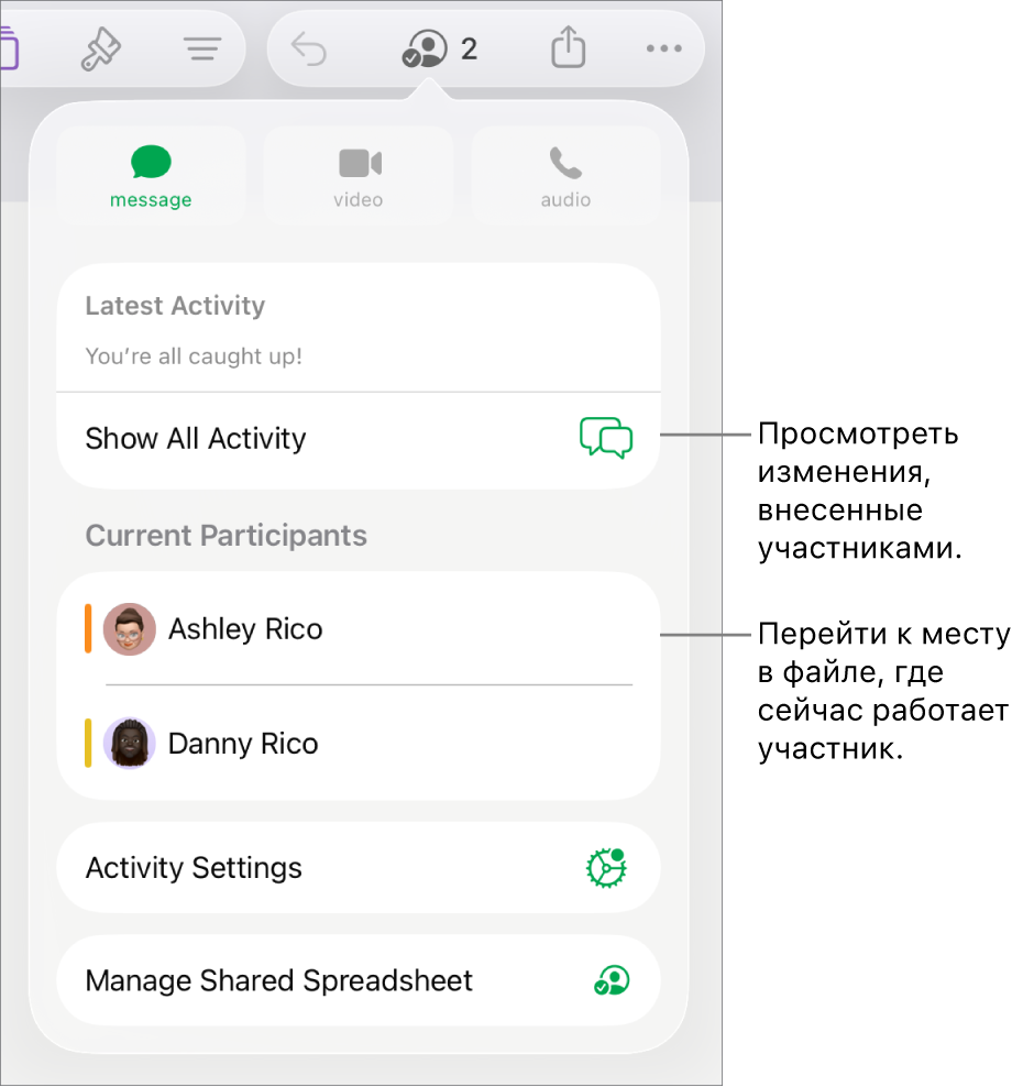 В меню совместной работы показаны активные участники.