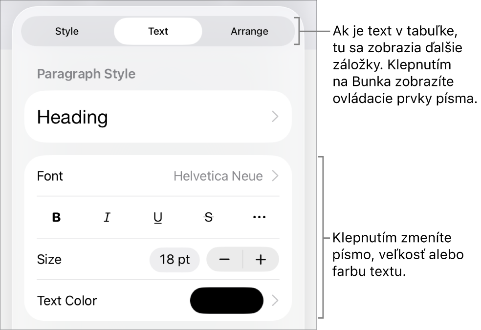 Ovládacie prvky textu v menu Formát pre nastavenie štýlov, písma, veľkosti a farby odsekov a znakov.