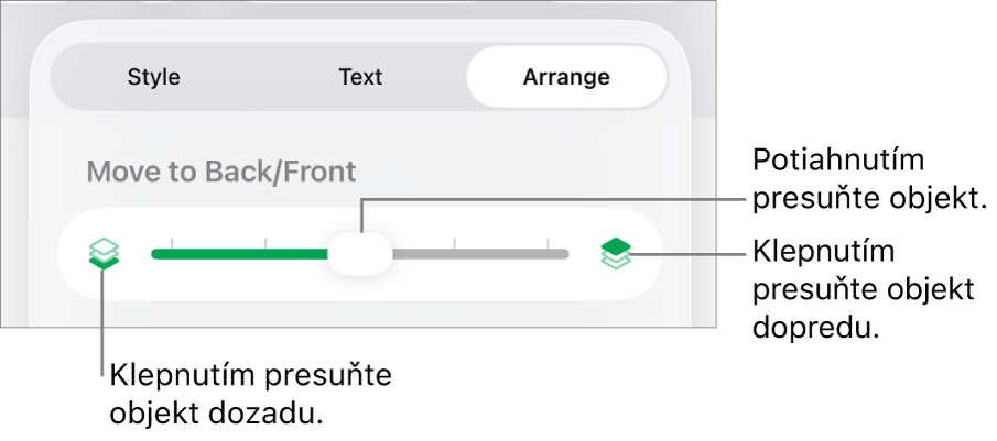 Tlačidlo Presunúť dozadu, tlačidlo Presunúť dopredu a posuvník vrstiev.