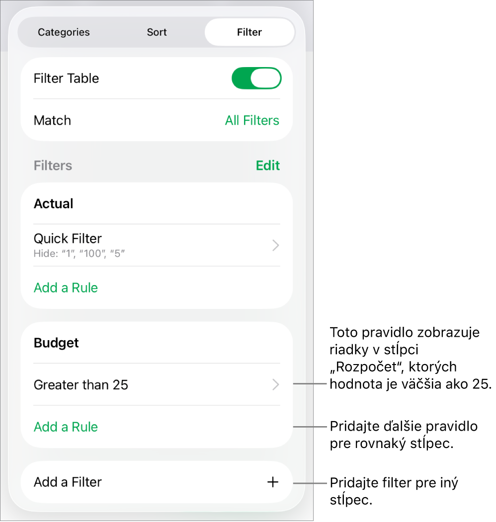 Ovládacie prvky na pridávanie nových pravidiel filtrovania a na úpravu existujúcich.