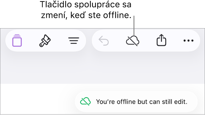 Tlačidlá v hornej časti obrazovky s tlačidlom Spolupráca zmeneným na obláčik s diagonálnou čiarou. Upozornenie na obrazovke s oznámením Ste offline, ale naďalej môžete upravovať.