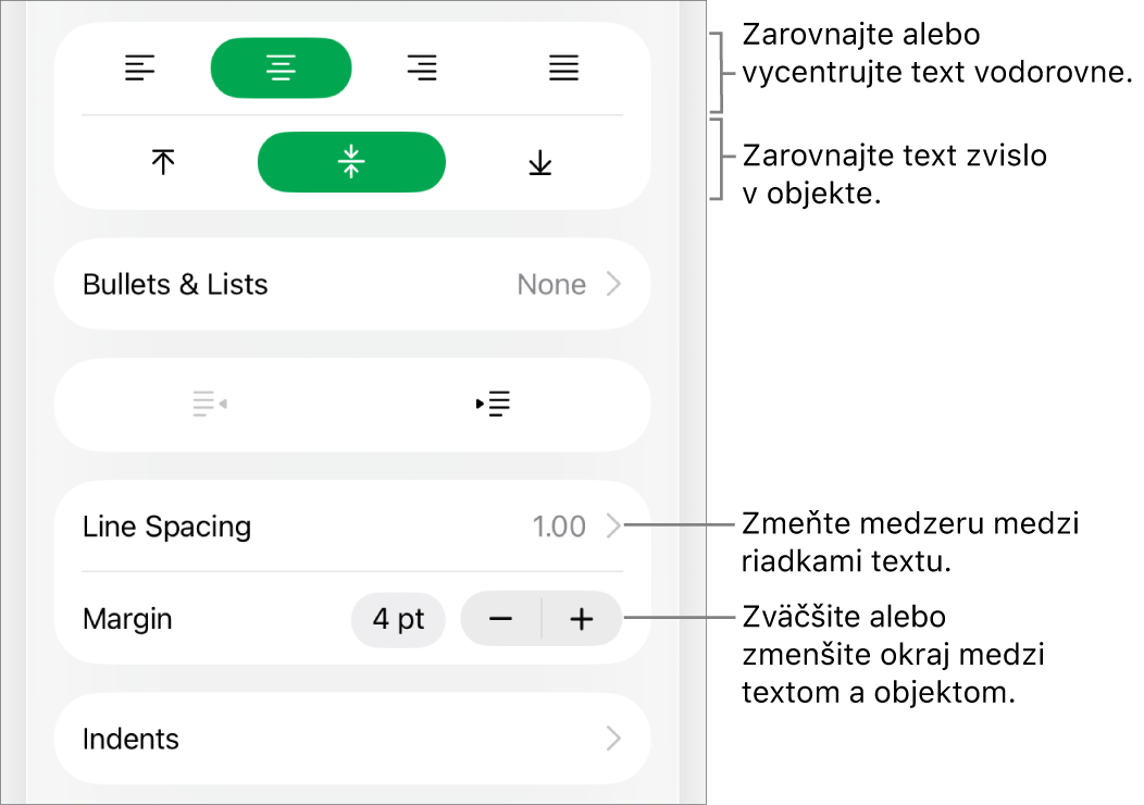 Časť Rozmiestnenie v inšpektorovi formátov s bublinami popisujúcimi tlačidlá zarovnania textu a tlačidlá na nastavenie medzier.