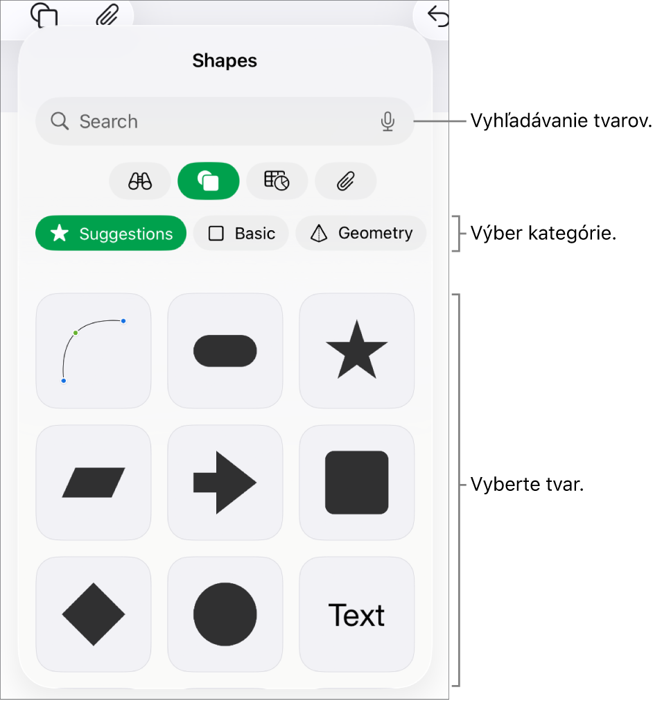Knižnica tvarov s kategóriami zobrazenými v hornej časti a tvarmi zobrazenými nižšie. Ak chcete nájsť tvary, môžete použiť vyhľadávacie pole v hornej časti, a potiahnutím prsta zobrazíte ďalšie.