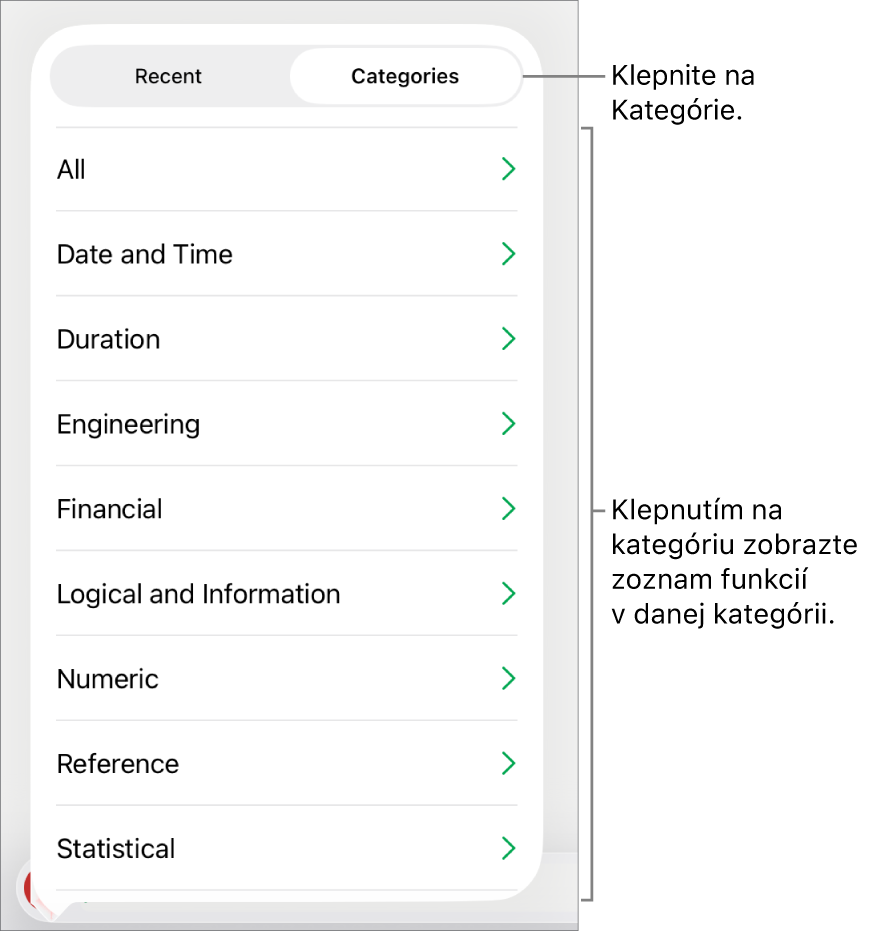 Prehliadač funkcií s označeným tlačidlom Kategórie, pod ktorým sa nachádza zoznam kategórií.