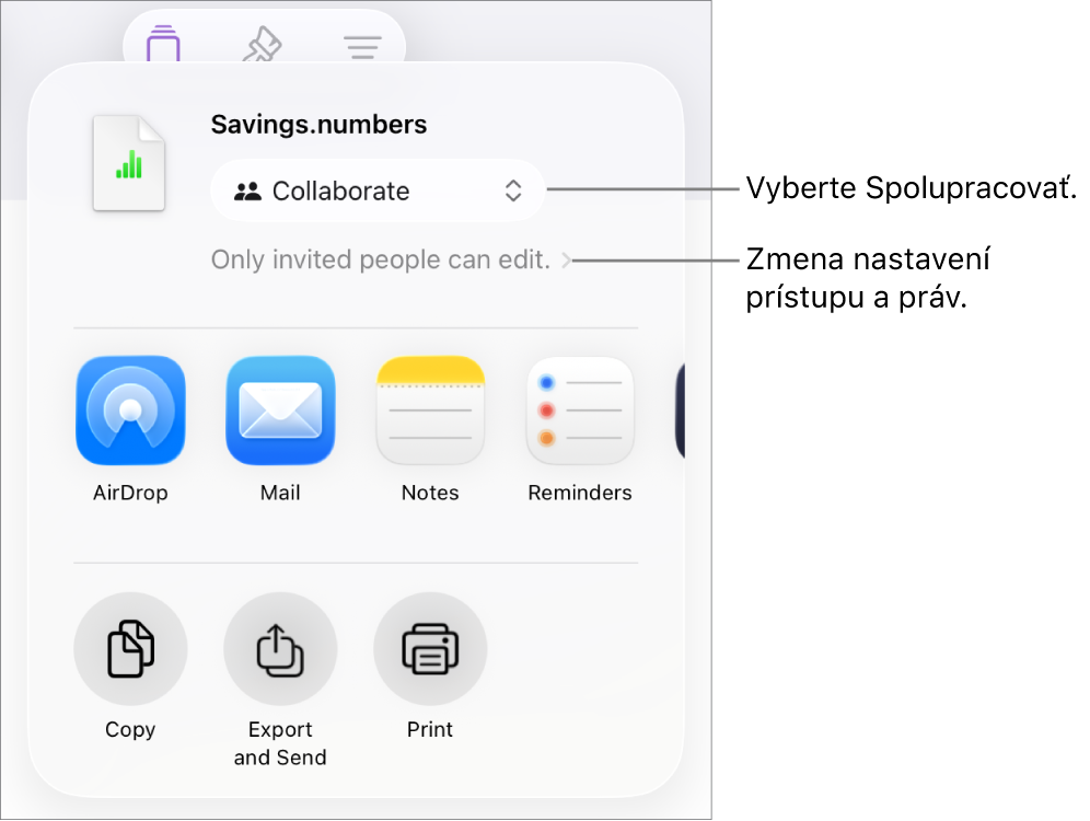 Menu Zdieľať s vybranou možnosťou Spolupracovať navrchu a pod ňou sa nachádzajú nastavenia prístupu a povolení.