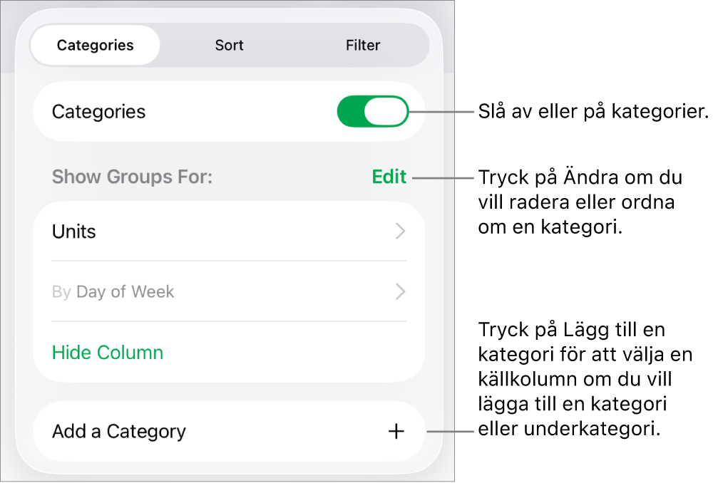 Menyn Kategorier för iPad med alternativ för att slå av kategorier, radera kategorier, gruppera om data, gömma en källkolumn och lägga till kategorier.