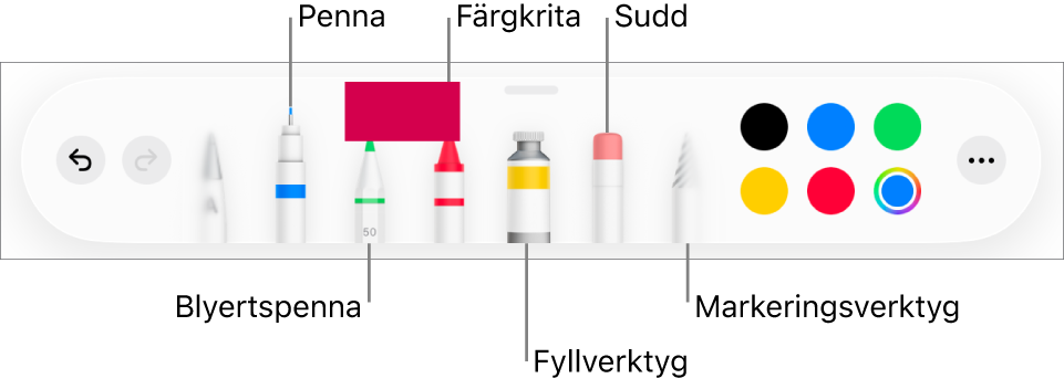 Ritverktygsfältet med en penna, blyertspenna, krita, fyllverktyg, sudd, markeringsverktyg och en färgkälla som visar den aktuella färgen. Längst till höger finns Mer-menyknappen.