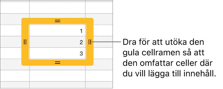 En markerad cell med en stor gul ram som du kan dra för att autofylla celler.
