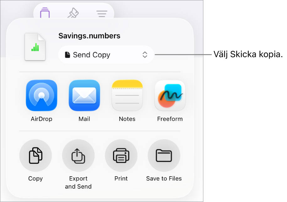 Delningsmenyn med Skicka kopia markerat högst upp.