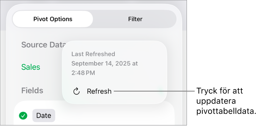 Menyn Pivotalternativ visar alternativet att uppdatera pivottabellen.