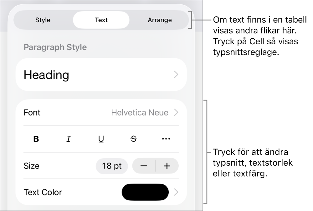 Textreglage i menyn Format för att ställa in stycke- och teckenstilar, typsnitt, storlek och färg.