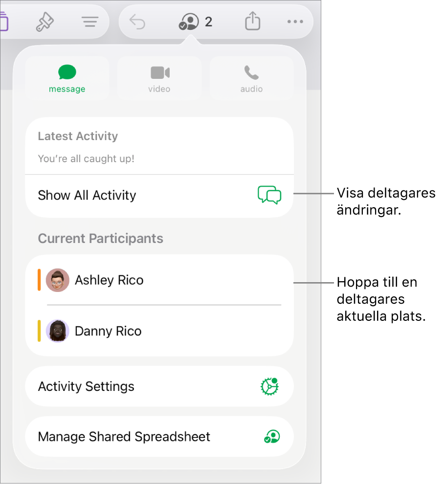 Samarbetsmenyn med aktuella deltagare listade.