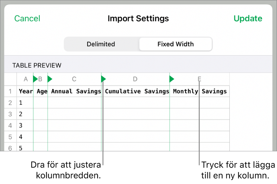 Importinställningar för en textfil med fast teckenbredd.